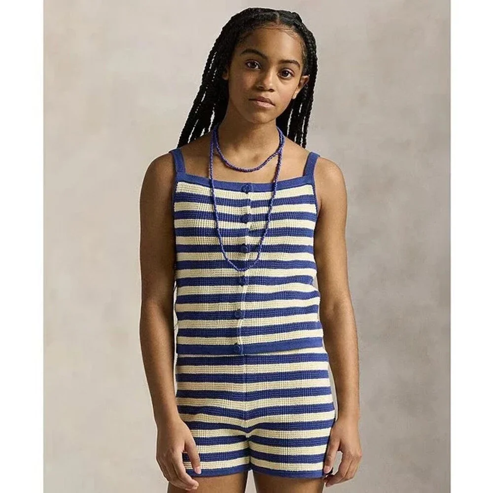 Polo Ralph Lauren Sleeveless Striped Sweater Top&Shorts Set Girls 6X Blue/Cream